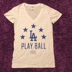 White LA Play Ball Brand PINK V-necked shirt